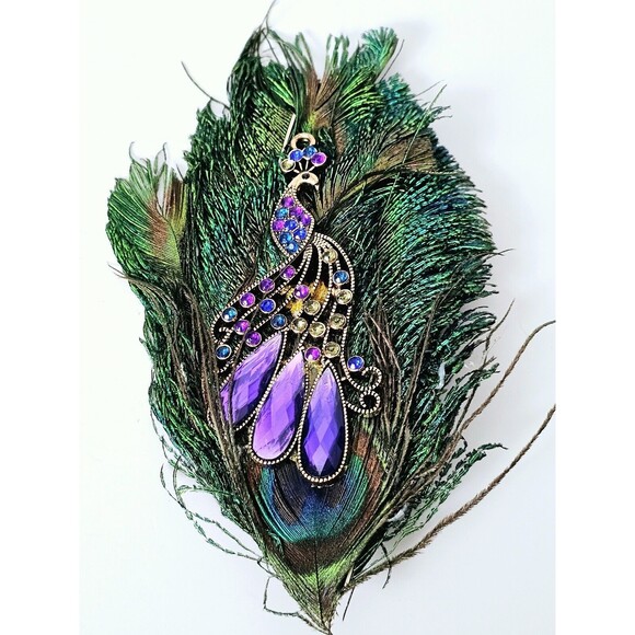Artisan Peacock Brooch Pin Inlay Crystals Hand Crafted 5.75" Multicolor VTG OOAK - Picture 2 of 8